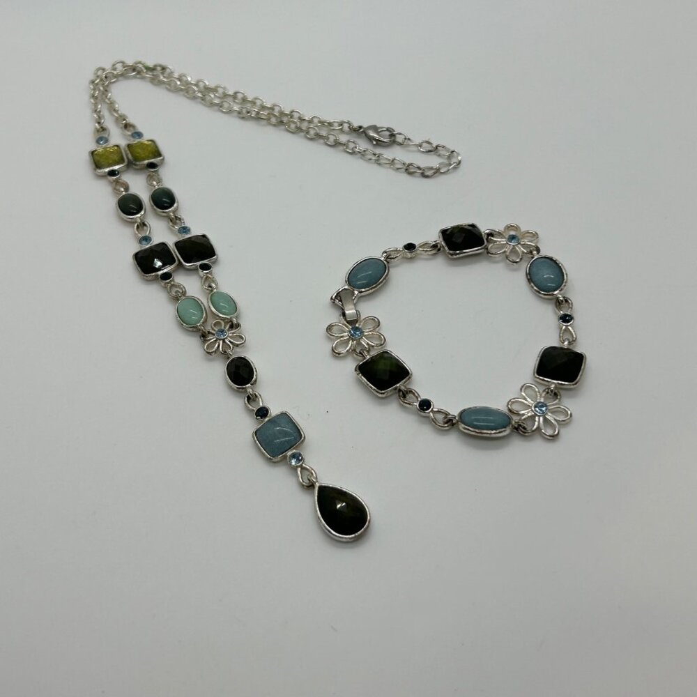Multi Color Link Chocker Necklace & Bracelet Set Silver Setting With Multi Color - Picture 3 of 16